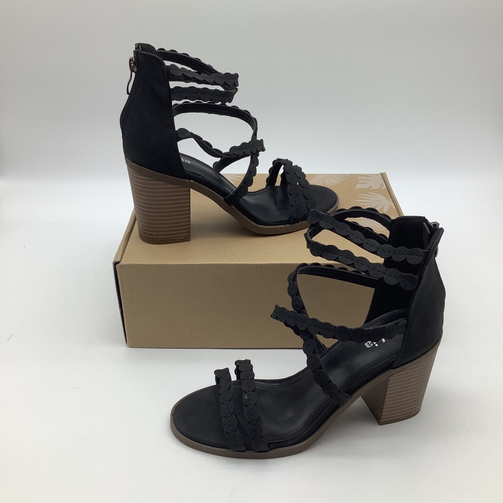 Bahia Sarita Block Heeled Strappy‎ Sandals Scalloped Black Size 7 New
